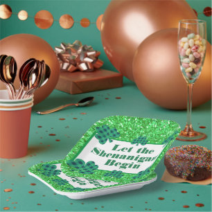 Let the Shenanigans Begin green sparkle clover Paper Plate