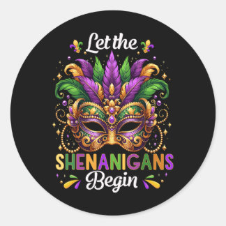 Let The Shenanigans Begin Mardi Gras Beads Mask Fe Classic Round Sticker