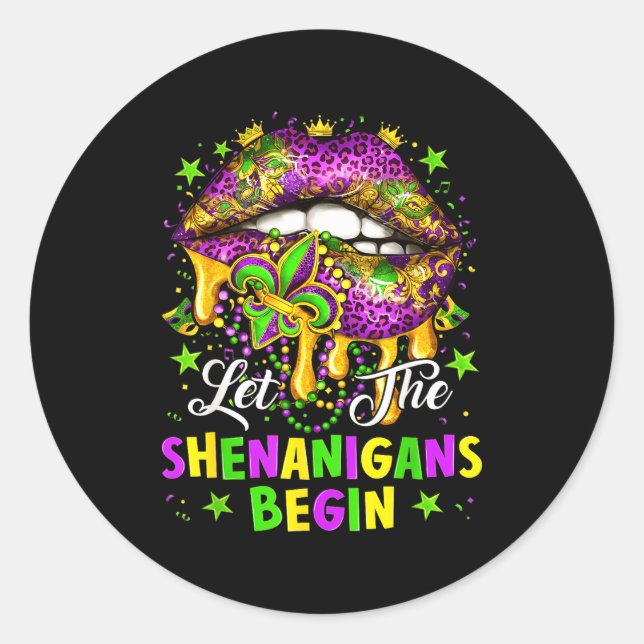Let The Shenanigans Begin Mardi Gras Lips Girl Wom Classic Round Sticker (Front)