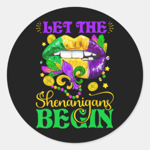 Let The Shenanigans Begin Retro Mardi Gras Lips Gi Classic Round Sticker