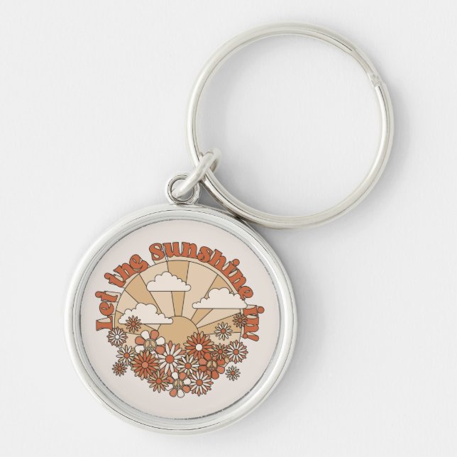 Let the Sunshine In Groovy Daisy Hippie Flowers Key Ring (Front)