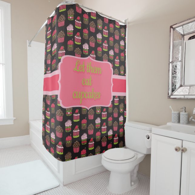 Let Them Eat Cupcakes Cute Green Pink Black Shower Curtain (In Situ)