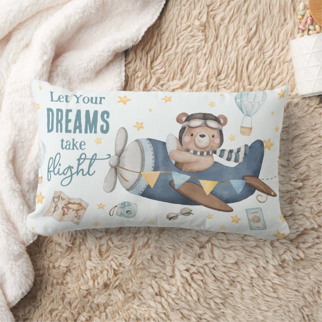 Let Your Dream Take Flight Cute Bear Blue Plane  Lumbar Cushion (Blanket)