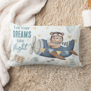 Let Your Dream Take Flight Cute Bear Blue Plane  Lumbar Cushion