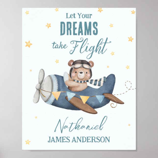 Let Your Dream Take Flight Cute Bear Blue Plane Poster (Front)