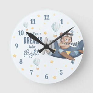 Let Your Dream Take Flight Cute Bear Blue Plane Round Clock