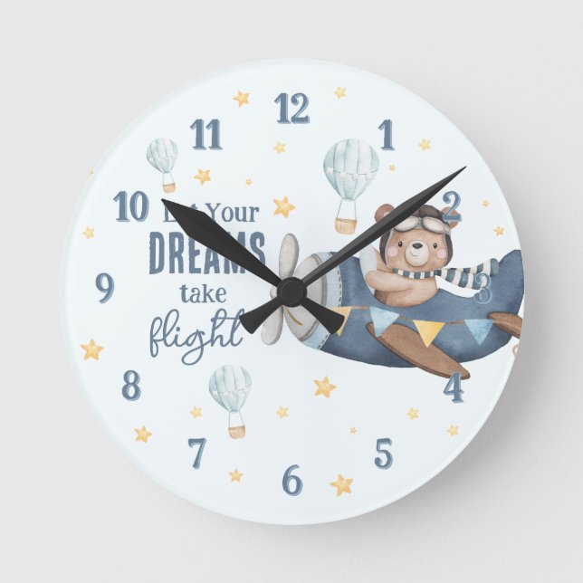 Let Your Dream Take Flight Cute Bear Blue Plane  Round Clock (Front)