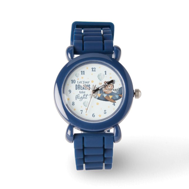 Let Your Dream Take Flight Cute Bear Blue Plane  Watch (Front)