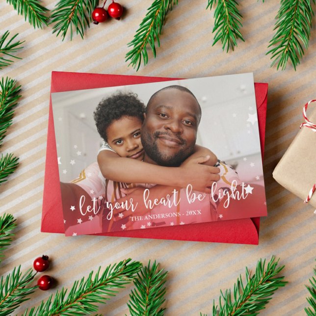 Let Your Heart Be Light Red Holiday Photo Card (Creator Uploaded)