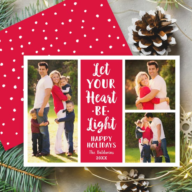 Let Your Heart Be Light Red Modern Photo Collage Holiday Card (Creator Uploaded)