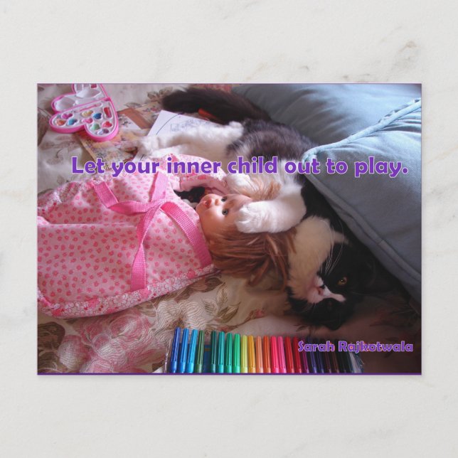 Let your Inner Child Out Tuxedo Cat Play Postcard (Front)