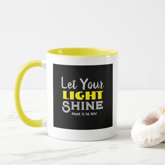 Let Your Light Shine Bible Verse Yellow Black  Mug (With Donut)