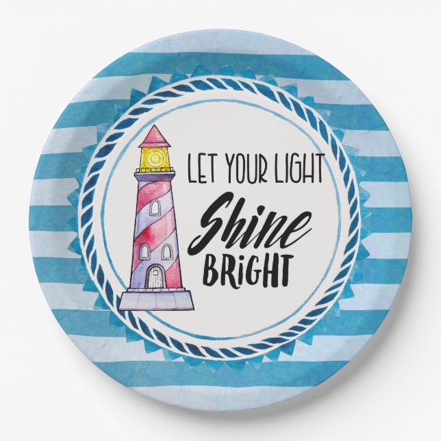 Let Your Light Shine Bright Lighthouse Typography Paper Plate (Front)