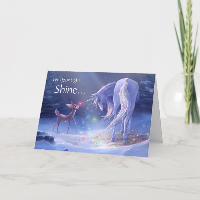 Let Your Light Shine Magical Christmas Unicorn  Holiday Card (Front)