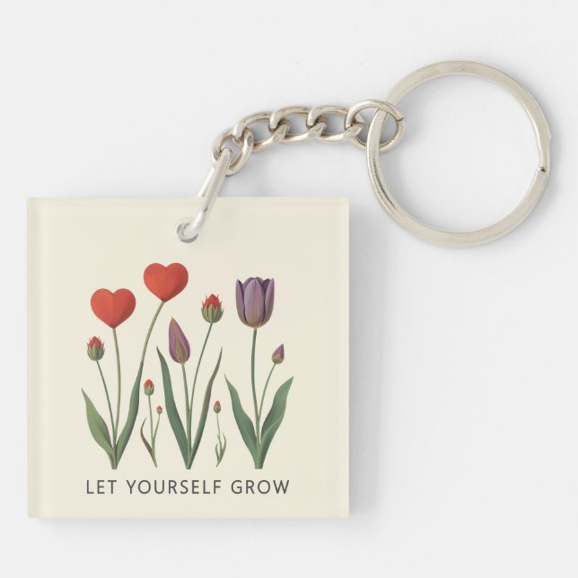 Let Yourself Grow Floral Heart Tulips Art Key Ring (Back)
