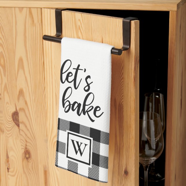 Let's Bake Buffalo Plaid Monogram Black White Tea Towel (Thirds Fold)