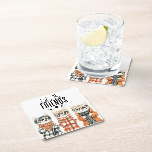 "Lets be Friends" Three Cute Cats Quote Classic Square Paper Coaster (Insitu)