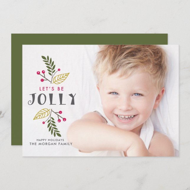 Let's Be Jolly Floral Christmas Baby Photo Holiday Card (Front/Back)