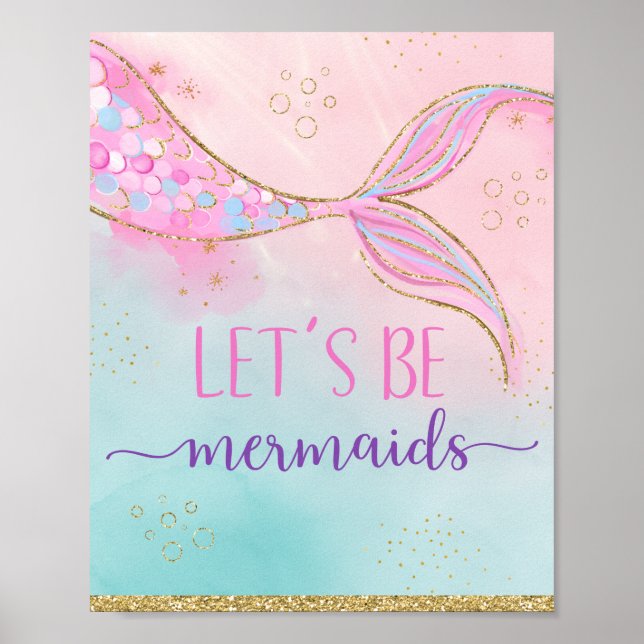 Let's Be Mermaids Pink Gold Birthday Poster (Front)