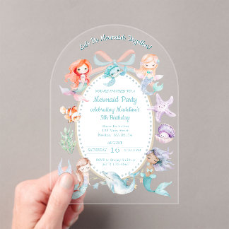 Let's Be Mermaids Together Mermaid Party Birthday Acrylic Invitations