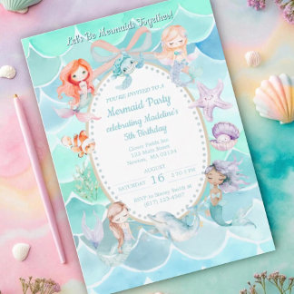 Let's Be Mermaids Together Mermaid Party Birthday Invitation