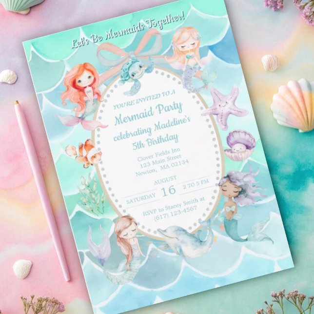 Let's Be Mermaids Together Mermaid Party Birthday Invitation (Creator Uploaded)