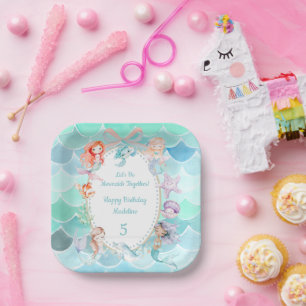 Let's Be Mermaids Together Mermaid Party Birthday Paper Plate