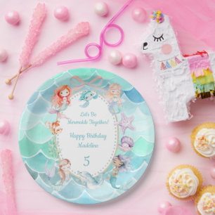Let's Be Mermaids Together Mermaid Party Birthday Paper Plate