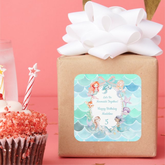 Let's Be Mermaids Together Mermaid Party Birthday Square Sticker (Party)