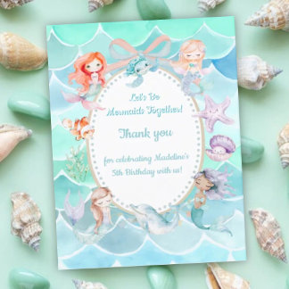 Let's Be Mermaids Together Mermaid Party Birthday  Thank You Card