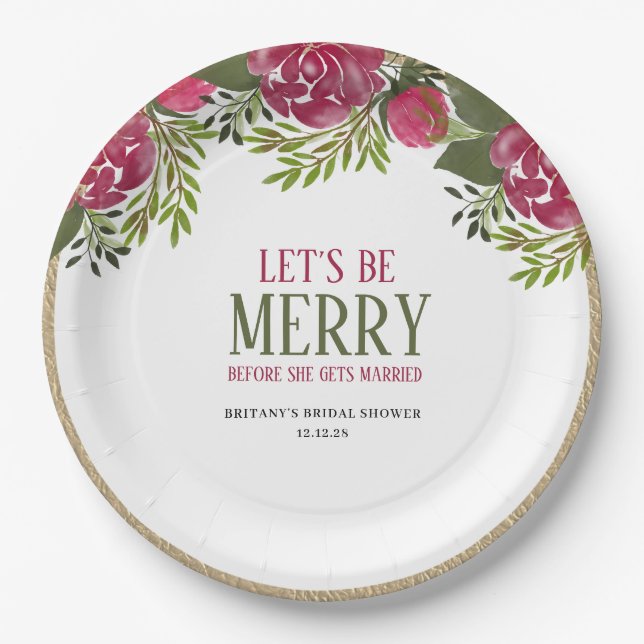 Let's Be Merry Christmas Floral Bridal Shower  Paper Plate (Front)