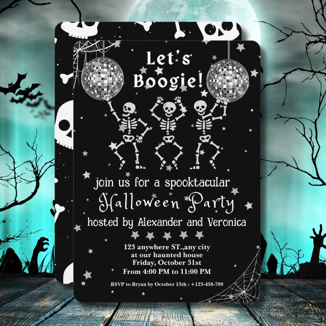 Let's Boogie! Disco Ball Skeletons Halloween Party Invitation (Creator Uploaded)