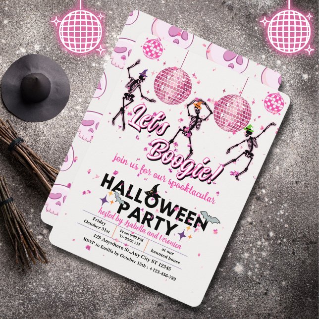 Let's Boogie Girly Skeletons Dance Disco Halloween Invitation (Creator Uploaded)
