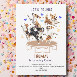 Let's bounce jumping dogs trampoline park birthday invitation