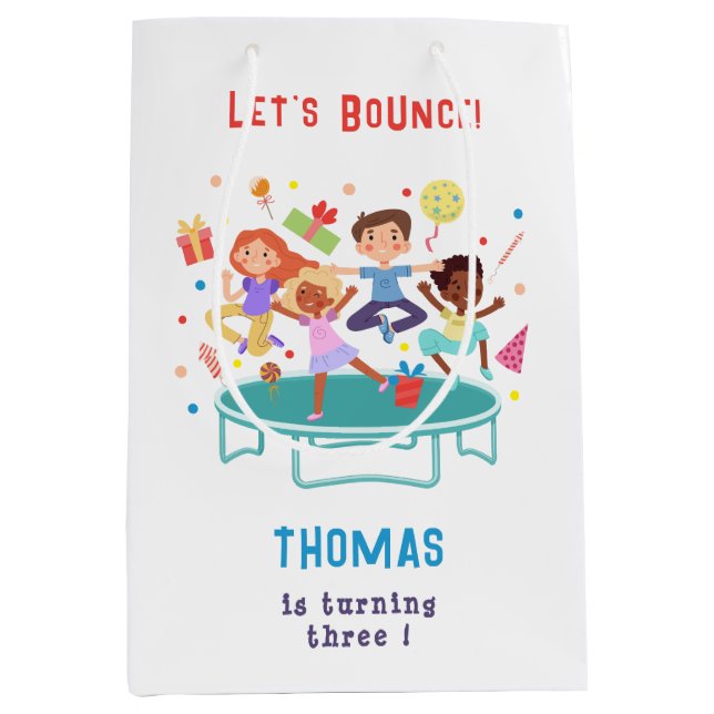 Let's bounce jumping trampoline park kids birthday medium gift bag (Front)