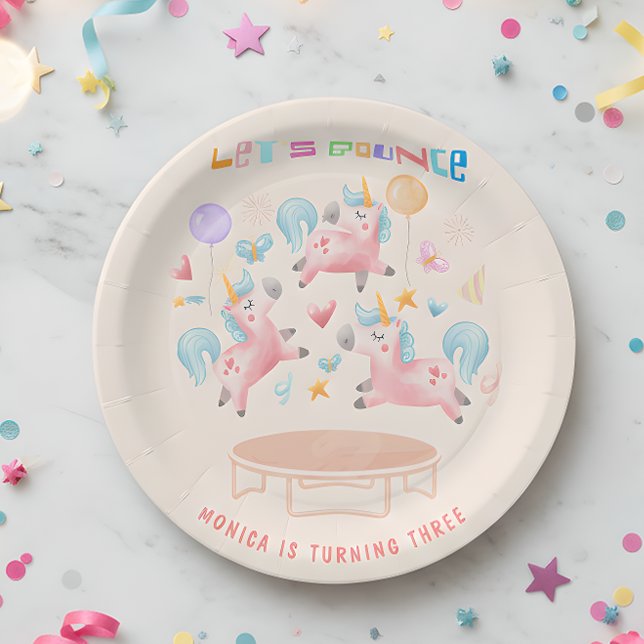 Let's bounce jumping unicorns kids birthday paper plate (Creator Uploaded)
