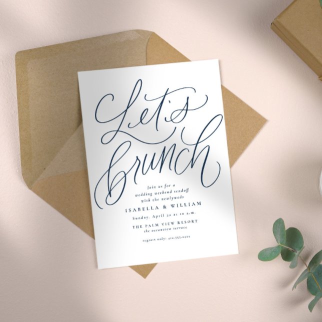 Let's brunch handlettered navy white wedding invitation (Creator Uploaded)