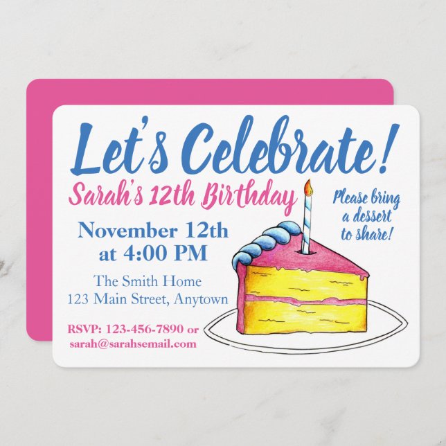 Let's Celebrate Birthday Cake Candle Pink Yellow Invitation (Front/Back)