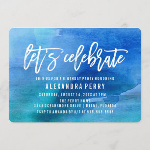 Let's Celebrate Birthday Party   Blue Watercolor Invitation