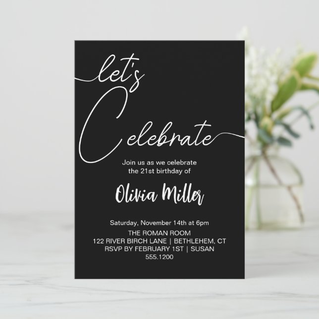 Let's Celebrate Black Birthday Party Invitation (Standing Front)