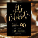 Let's Celebrate Black Gold Photo 90th Birthday Invitation<br><div class="desc">This fabulous black men's 90th birthday party invitation that says "Let's Celebrate!" in a modern script font in gold and the guest of honour's photo on the back would be perfect for celebrating the man in your life's 90th birthday. This invitation is trendy, stylish, modern and contemporary. To see your...</div>