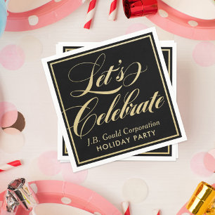 Let's Celebrate Black Gold Script Holiday Party Napkin