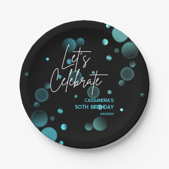 Let's Celebrate Blue Bokeh Gradient Black Birthday Paper Plate (Front)