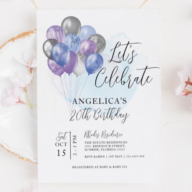 Let's Celebrate Blue Purple Grey Balloons Birthday Invitation (Creator Uploaded)