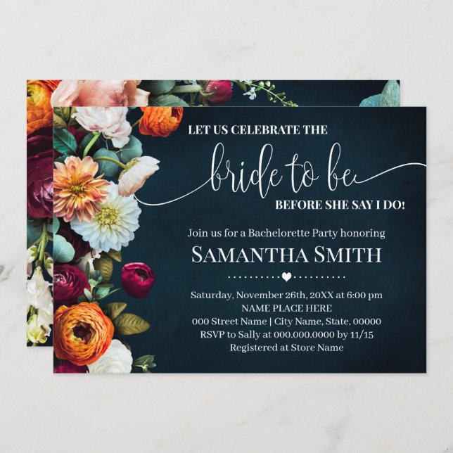 Lets Celebrate Bride tobe Shower Wine Navy Wedding Invitation (Front/Back)