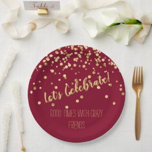 Lets Celebrate Burgundy Gold Confetti Paper Plate