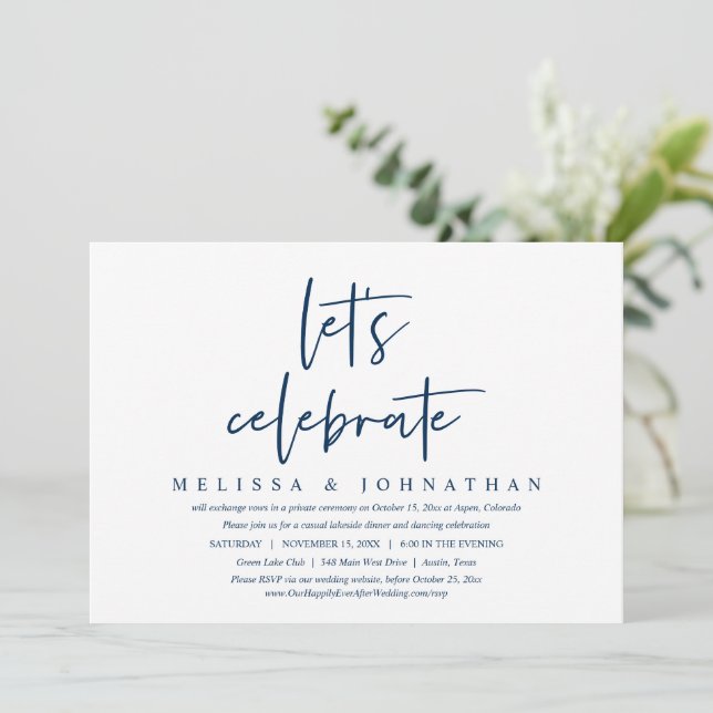 Let's Celebrate, Casual Wedding Elopement Party In Invitation (Standing Front)