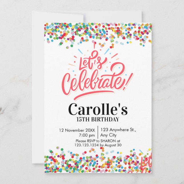 Let's celebrate Confetti  Simple Party birthday Invitation (Front)