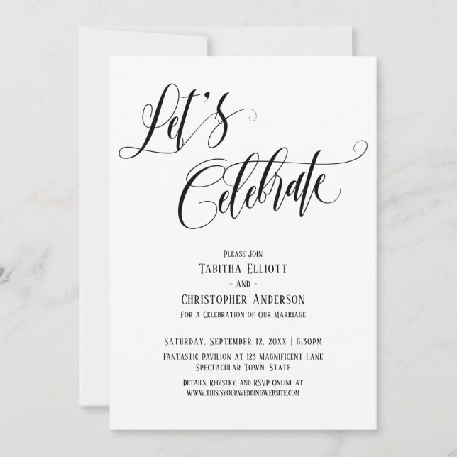 Let's Celebrate Elaborate Script Black and White Invitation (Front)