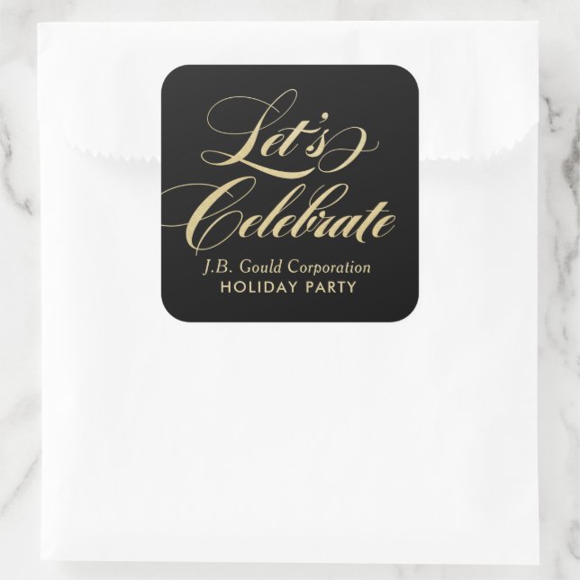 Let's Celebrate Elegant Gold Script Holiday Party Square Sticker (Bag)